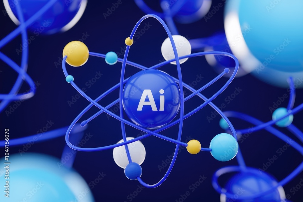 Poster a 3d rendering of an atom with the symbol ai in the center representing artificial intelligence.