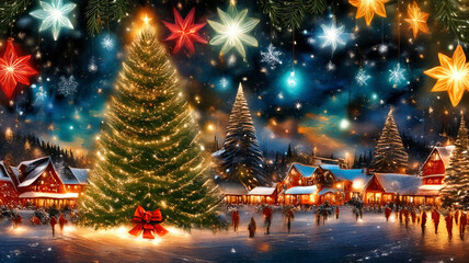 Obraz premium Christmas Harmony in a Magical Winter Village with Festive Wonder, Glittering Trees, and Cozy Lights, Where Unique Details Enhance the Holiday Landscape and Spark Imagination 