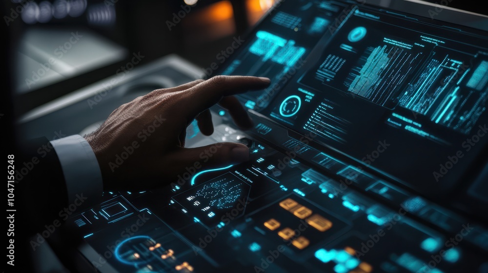Poster business hand working with cryptocurrency and ai conputer interface.