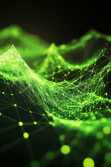 Abstract 3D Illustration of Futuristic Green Web-like Structure with Nodes and Lines, 3D rendering.