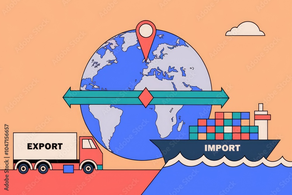 Poster Illustration depicting global trade with export and import processes.