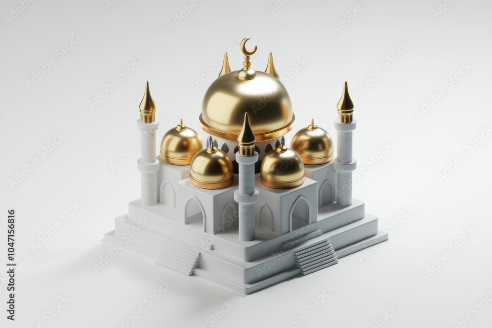 Poster A white and gold mosque with multiple domes and minarets.
