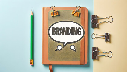 depicts a brown notebook with a green cover, a speech bubble stating "BRANDING", and a green pencil on a blue background, suggesting branding and marketing. 