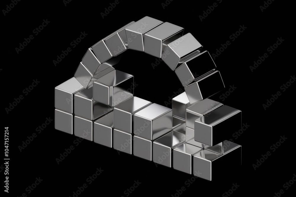 Poster A 3D rendering of a silver arch constructed from small cubes.