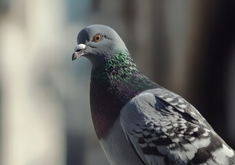 Close-up of a pigeon with vibrant feathers and an intense gaze