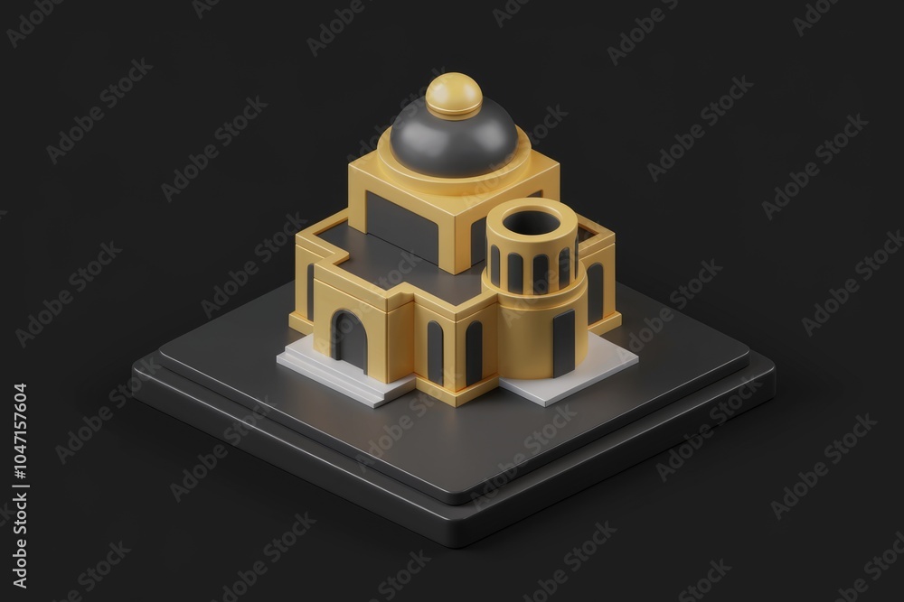 Poster A 3D isometric model of a building with a dome and a tower.