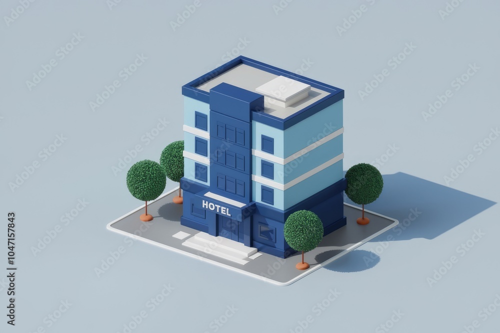 Poster a simple 3d model of a blue hotel building with trees.
