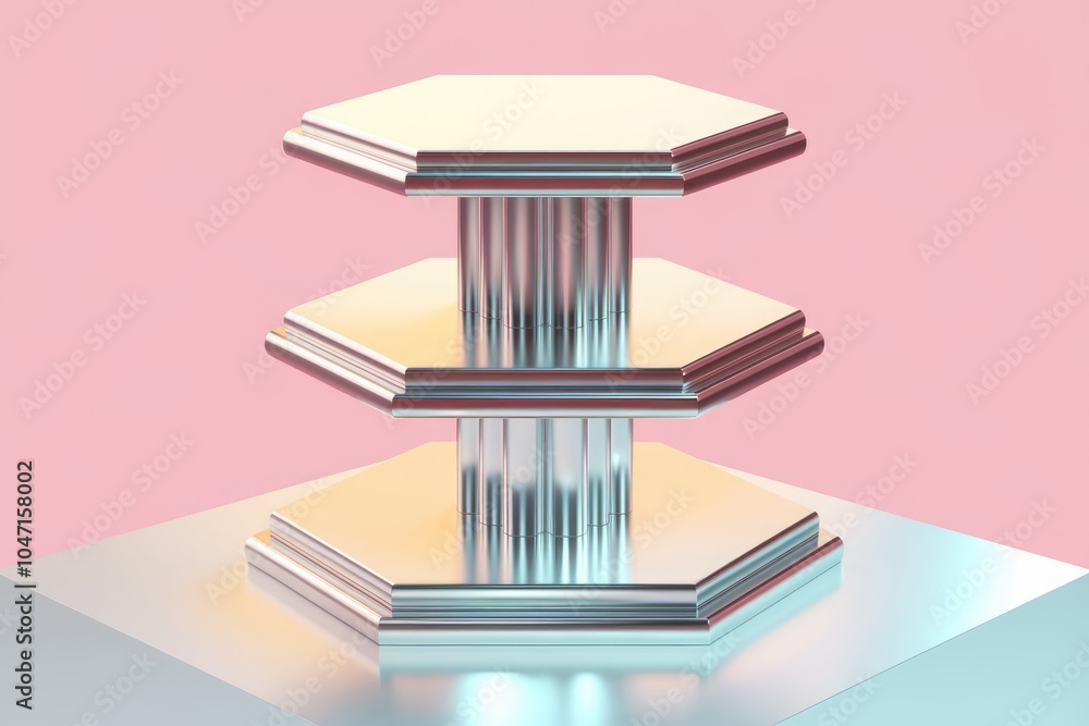 Aufkleber Three hexagonal platforms with a metallic finish  stacked on top of each other on a pink background.