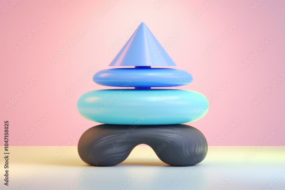 Poster a 3d rendering of a blue and black geometric stack against a pink and yellow background.