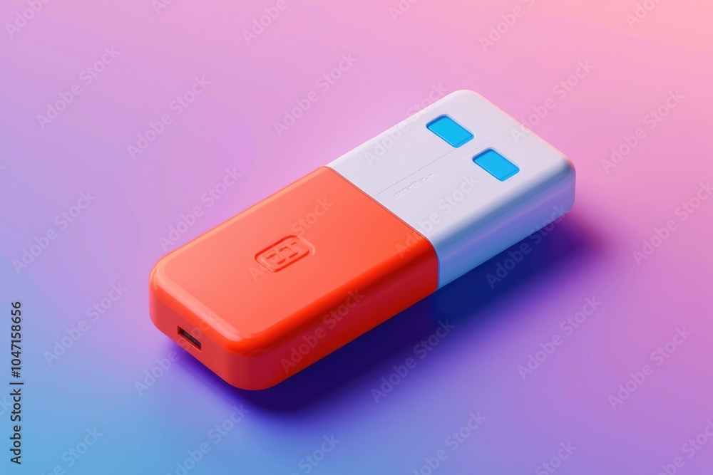 Poster a small rectangular device with an orange and white casing and a blue button.