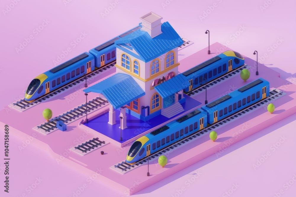 Poster a 3d isometric illustration of a train station with multiple trains.
