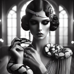 Art Deco luxury fashion style photo. Beautiful woman in jewelry with a snake. Book magazine cover photography