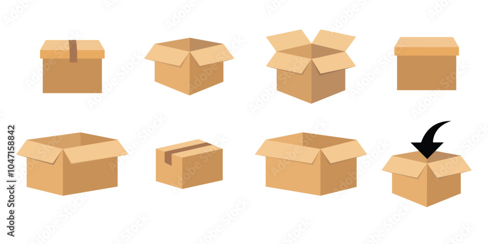 Poster set of different brown cardboard packaging boxes. different angles and sizes. shipping carton open a