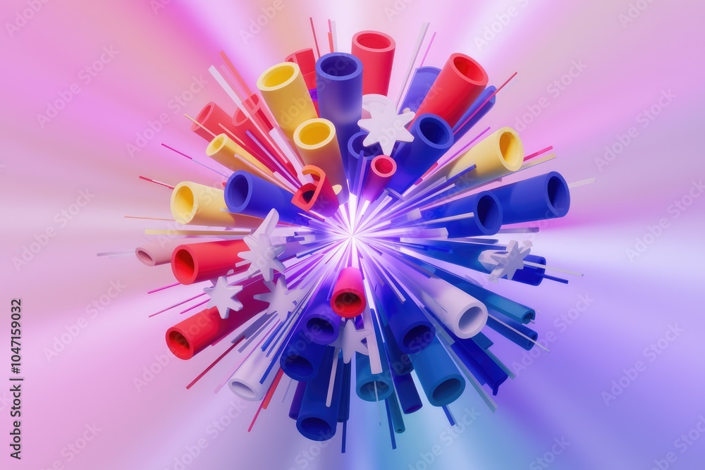Poster abstract 3d colorful geometric shapes radiating outwards from a bright center