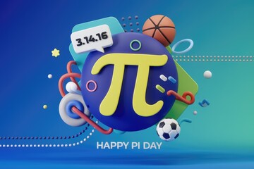 Naklejka premium A colorful illustration celebrating Pi Day with the symbol Pi surrounded by sports objects.