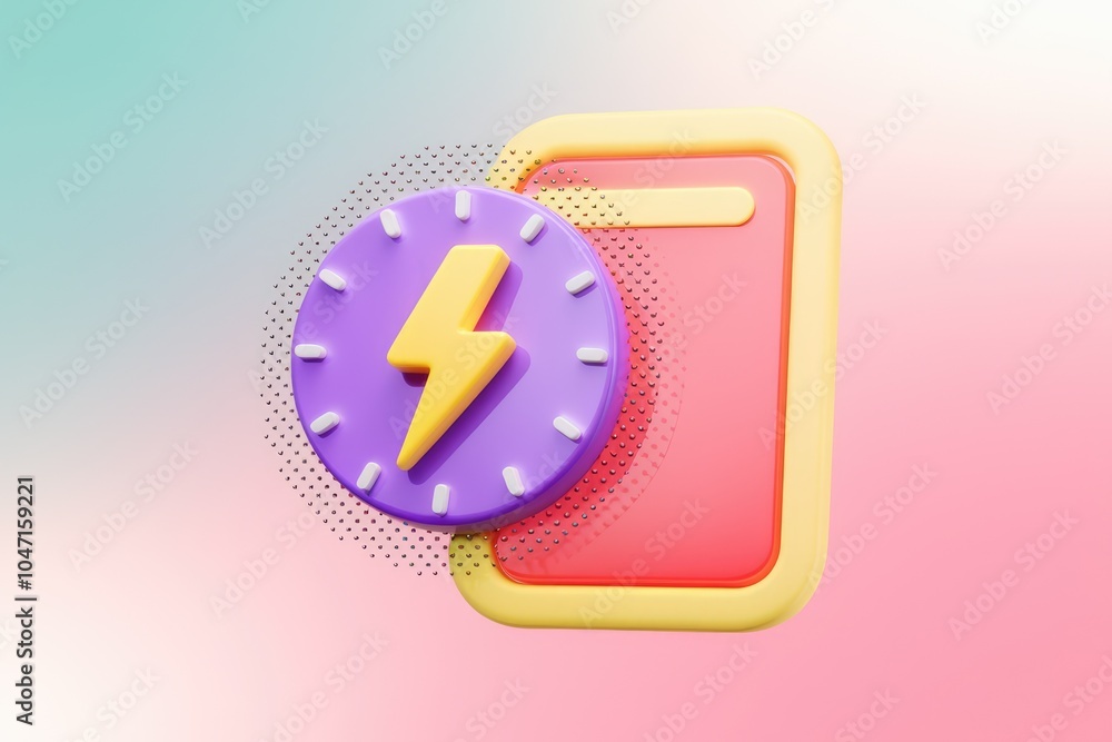 Poster A 3D illustration of a smartphone with a lightning bolt inside a circle  symbolizing fast charging.