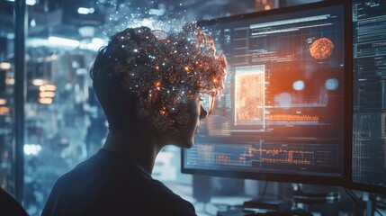 Data science and big data technology. Data scientist computing, analysing and visualizing complex data set on computer. Data mining, artificial intelligence, machine learning, business analytics.