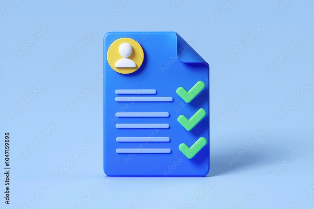 Poster blue document icon with profile picture checklist and checkmarks.