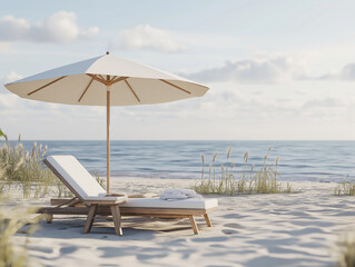 Leżak i parasol na piaszczystej słonecznej plaży