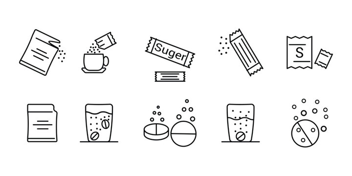 sugar powder Packing line icons. Set of stickers with effervescent tablet, sugar powder packet, soluble pill, effervescent pills. Set of outline vector icons.
