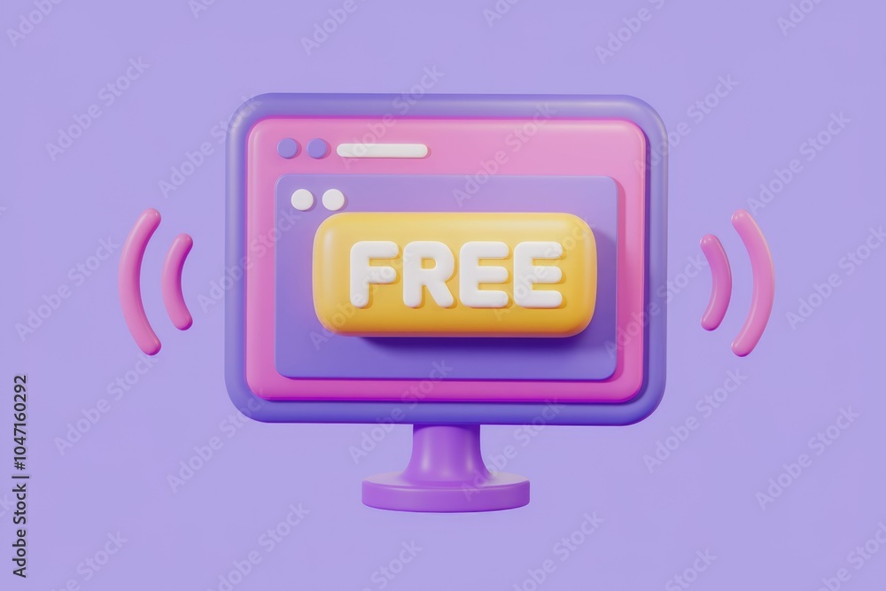 Poster A 3D rendering of a computer monitor with a FREE button  showcasing free online content.