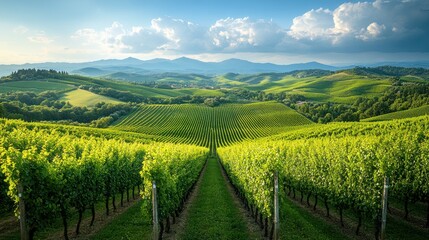 Naklejka premium Lush vineyard landscape with rolling hills and mountains under a blue sky.