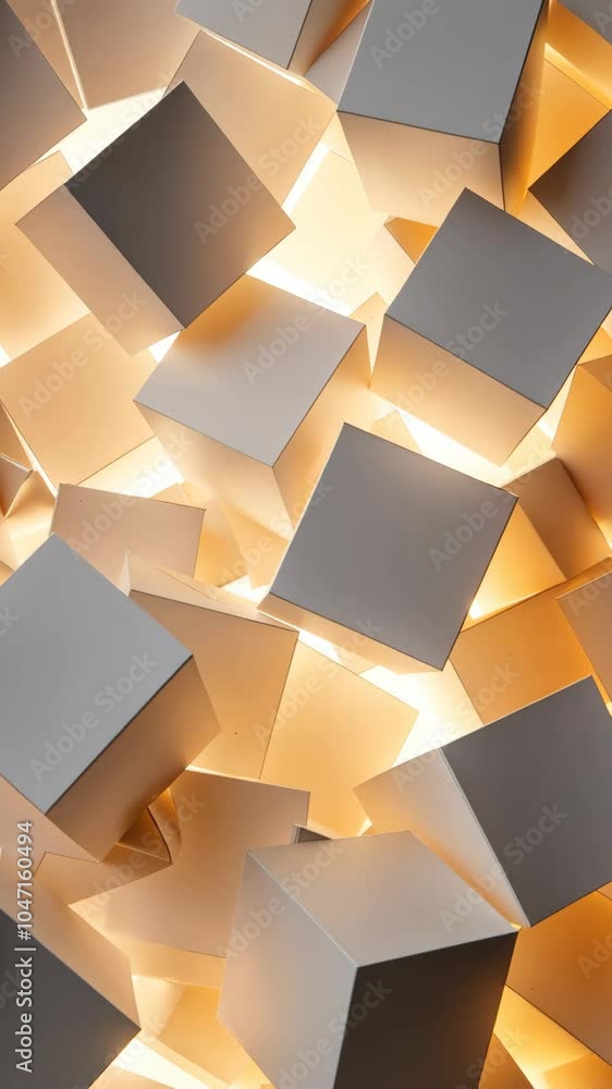 Poster rotating white cubes illuminated by warm light in a tranquil setting