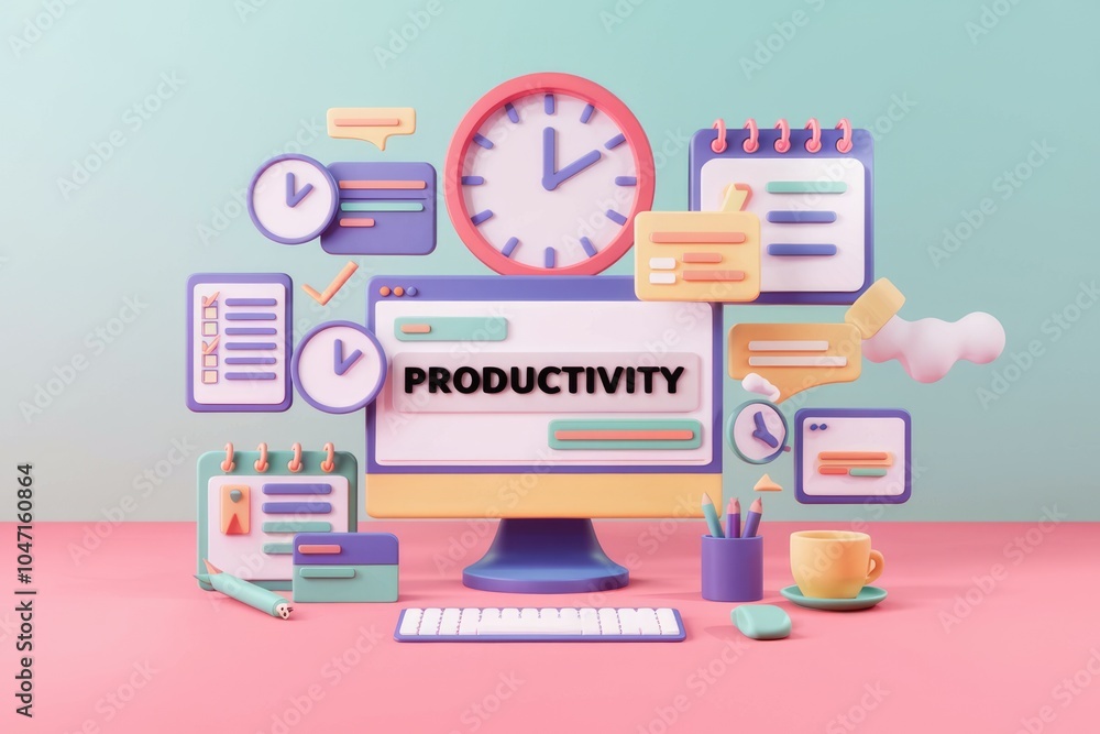 Poster illustration of monitor with productivity and time management symbols.