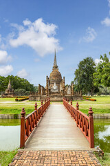 Wat Sa Si temple and wooden bridge, Shukhothai Historical Park, Thailand, one of UNESCO Heritage Site