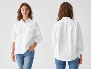 Female model wearing blank oversized shirt, front and back views, simple white background, Blank oversized shirt mockup, Women's fashion lookbook