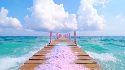 Obraz premium Wooden Pier Over Turquoise Ocean With Pink and Blue Sand Tropical Beach Landscape