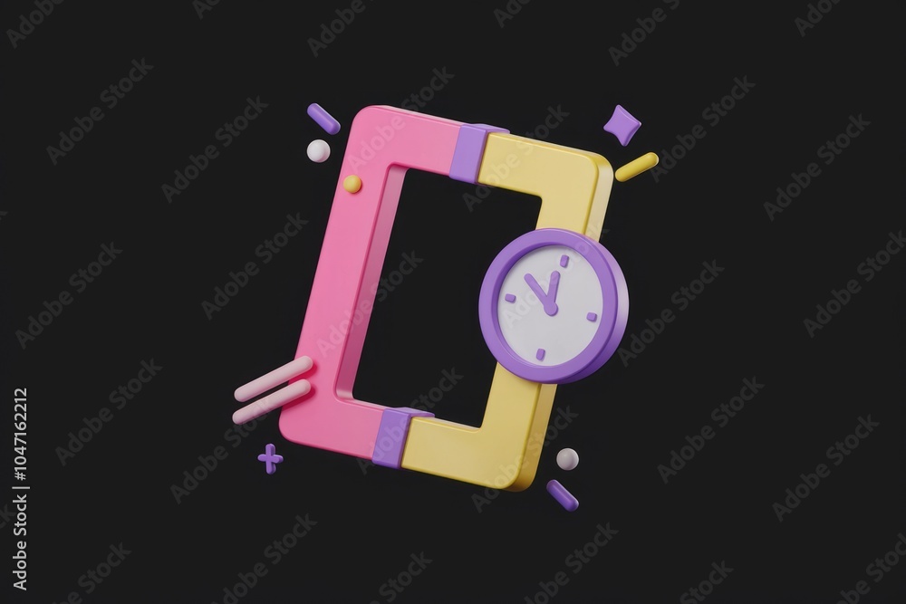 Poster a 3d illustration of a phone with a clock attached to it.