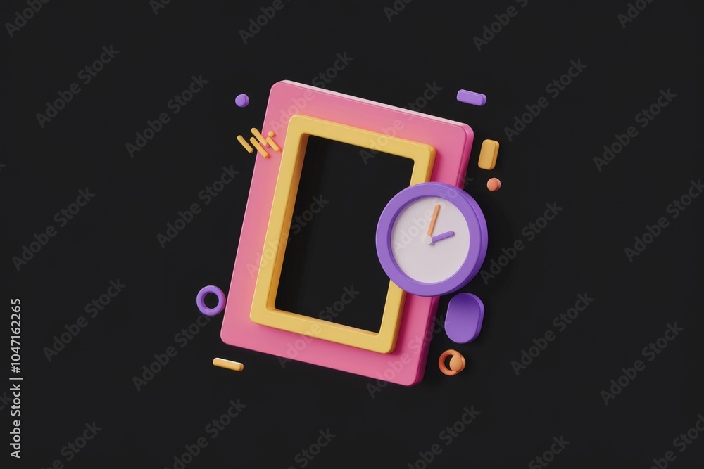 Poster a 3d illustration of a clock inside a colorful frame on a transparent background.