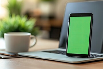 Smartphone with green screen on a desk, next to a laptop and coffee cup