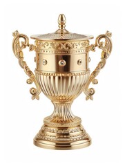 Fototapeta premium Isolated shiny gold trophy on white background, fine details of the base and handles