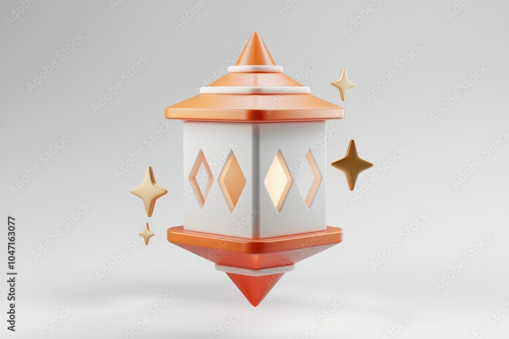 Poster a 3d rendering of an orange and white ramadan lantern with glowing stars.