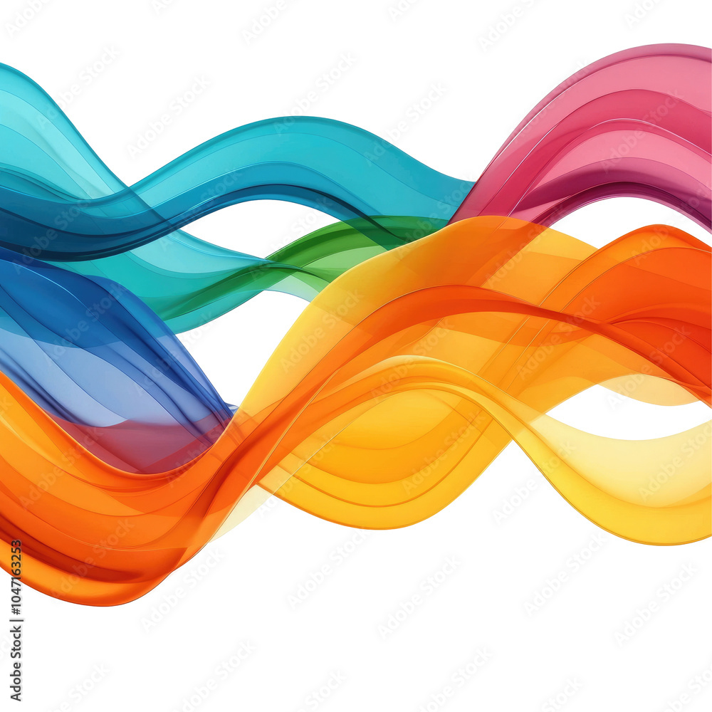 Poster colorful flowing wave lines on white background, vibrant hues blend seamlessly, creating a dynamic a