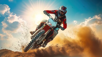 A Motocross Rider Launching Off A Jump, Creating A Cloud Of Dust