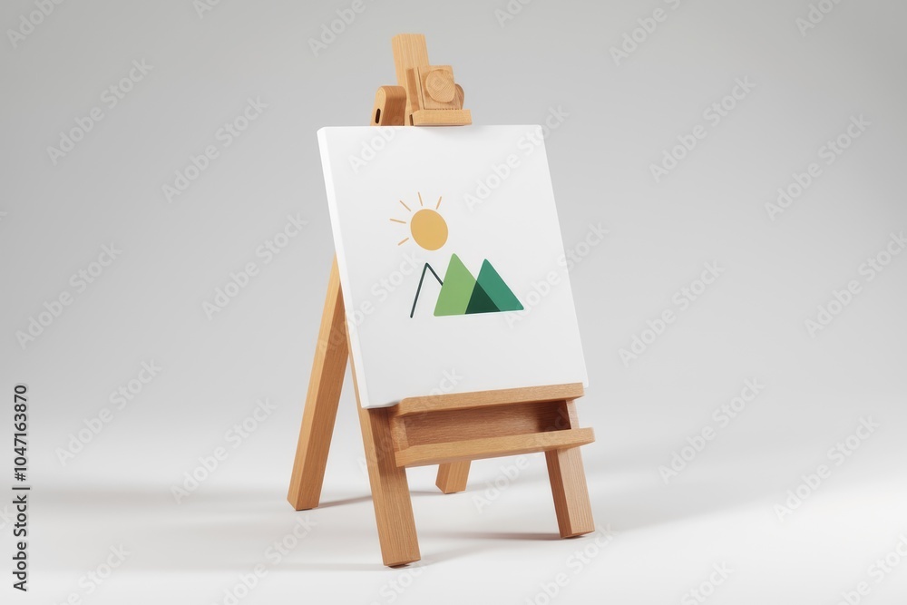 Aufkleber a small wooden easel displaying a canvas with a simple sun and mountain drawing.