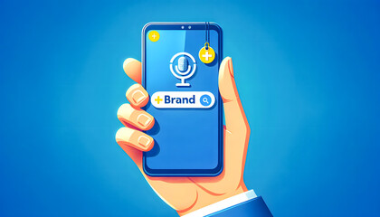  hand holding a smartphone against a blue background. The phone screen displays a search bar with the word “Brand” inside it, along with a magnifying glass icon. Above the search bar, there are two ic