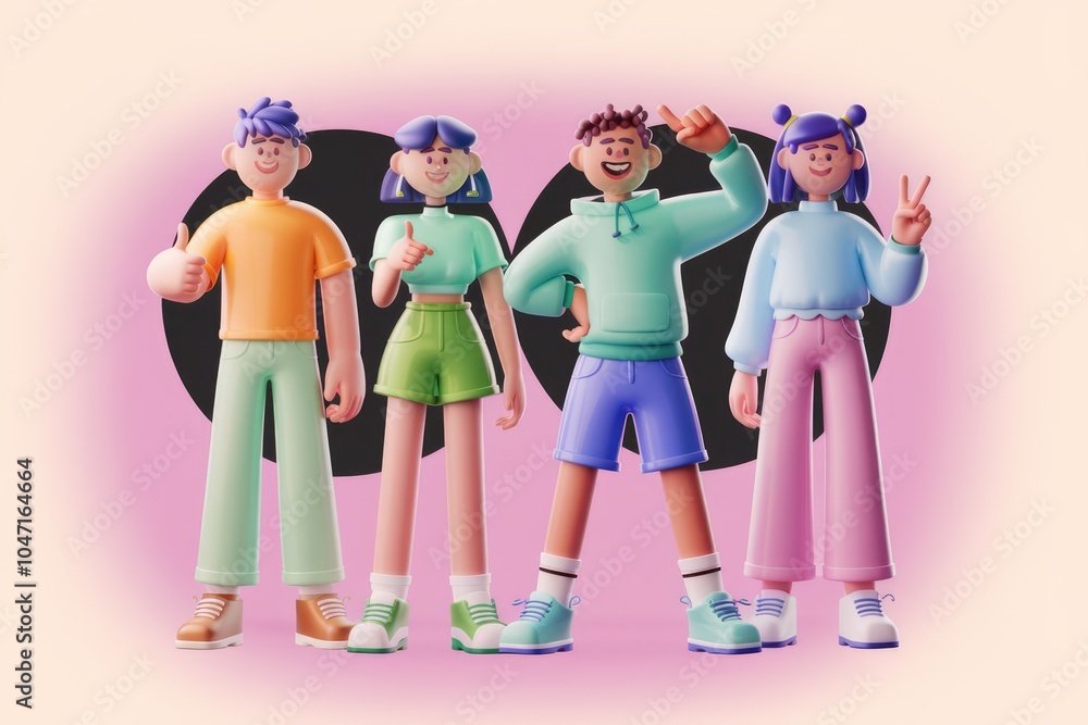 Poster Four 3D cartoon characters with different poses and colors.