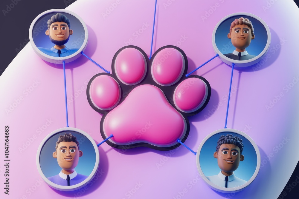 Aufkleber Four cartoon characters connected by lines to a pink paw print  symbolizing teamwork and unity.