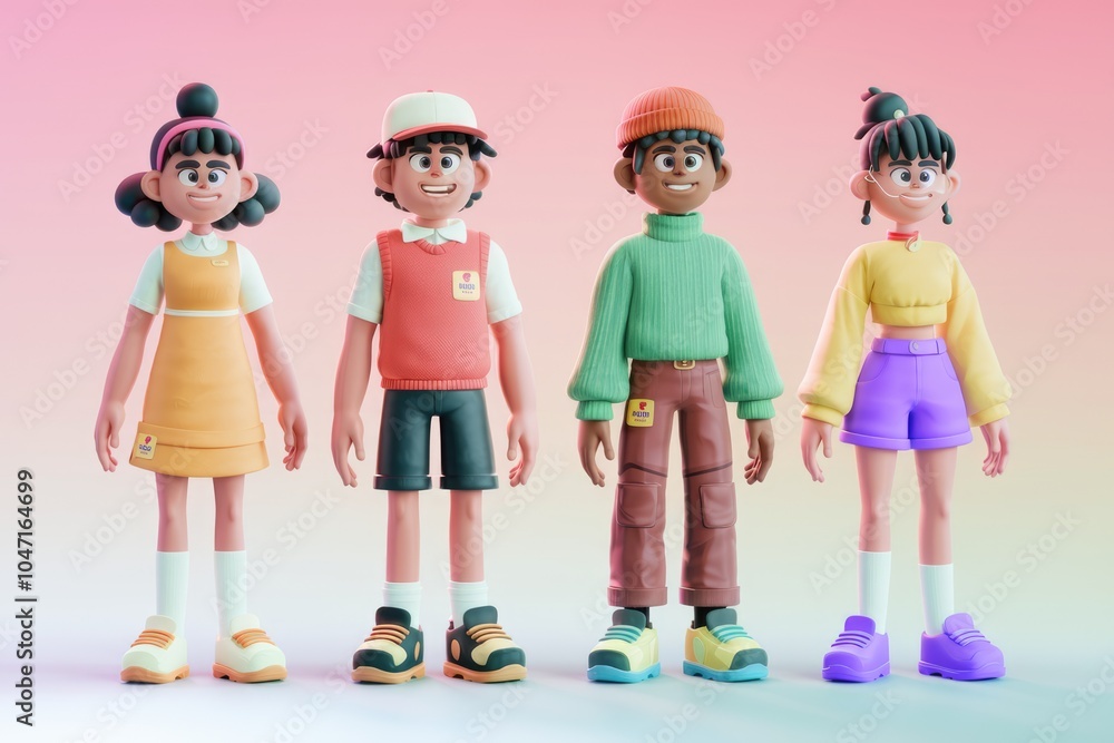 Poster Four cartoon characters standing in a row with different outfits.