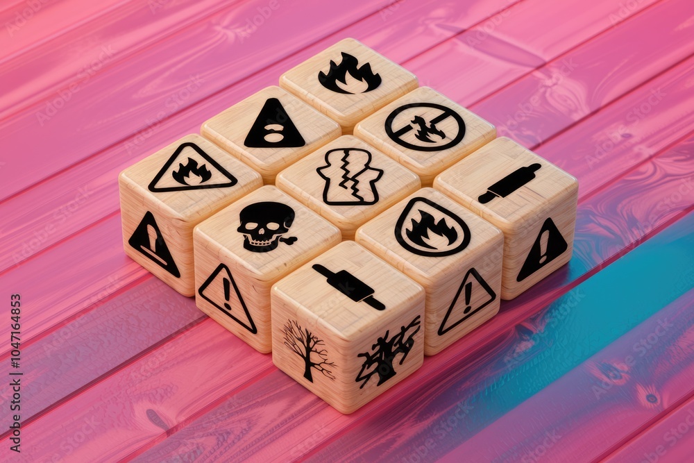 Poster Wooden cubes with various warning symbols arranged in a square shape.
