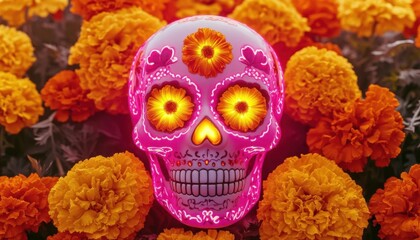 Bright glowing sugar skull with radiant marigolds