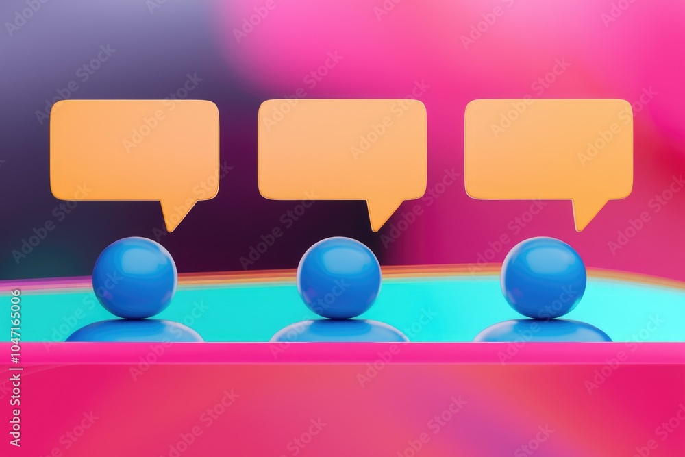 Poster three blue figures with speech bubbles representing communication.
