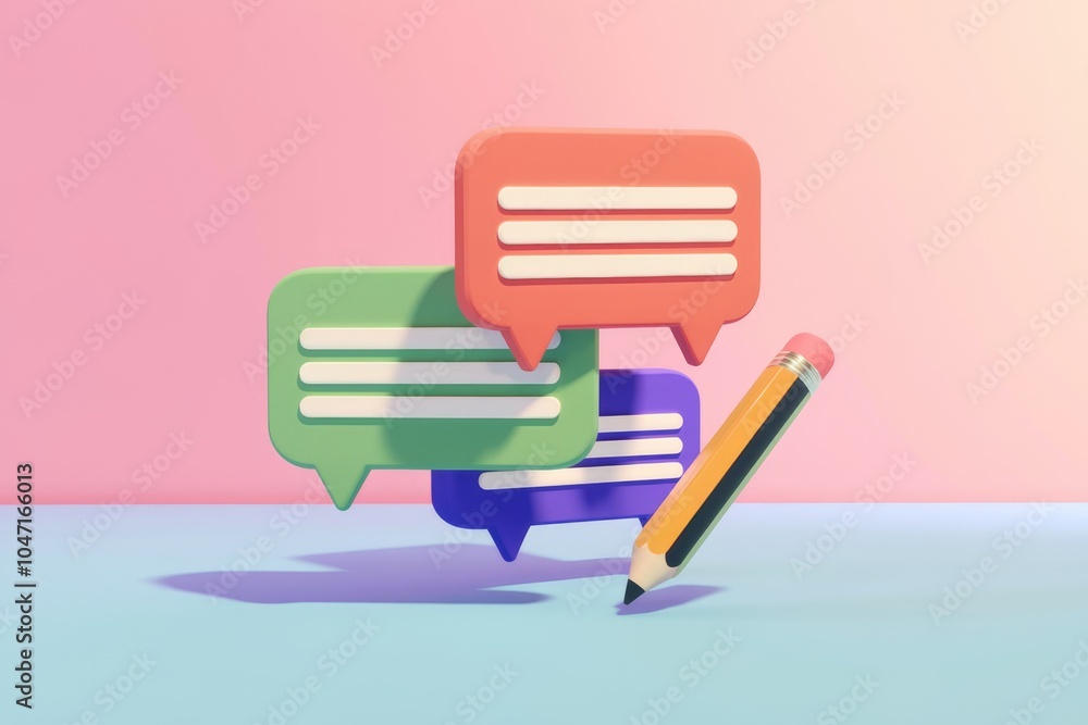 Poster three colorful speech bubbles and a pencil suggesting communication and writing.