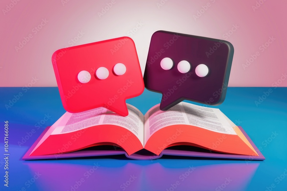 Poster Two chat bubbles on an open book  representing communication and knowledge.