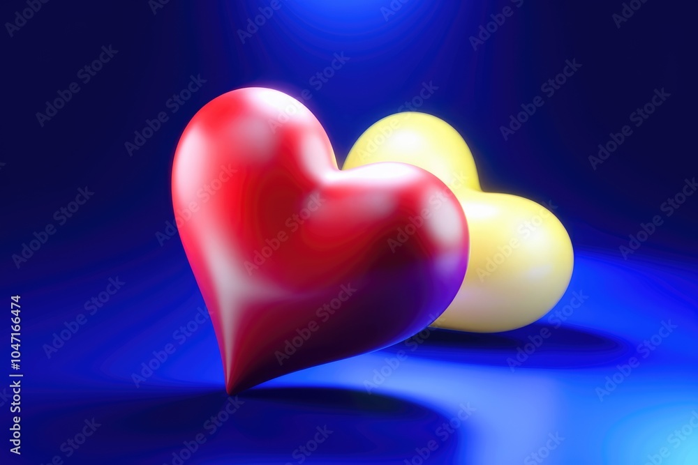 Poster Two heart shaped objects  one red and one yellow  on a blue background.
