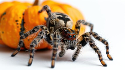 Isolated spider crawling on a pumpkin on a white background
